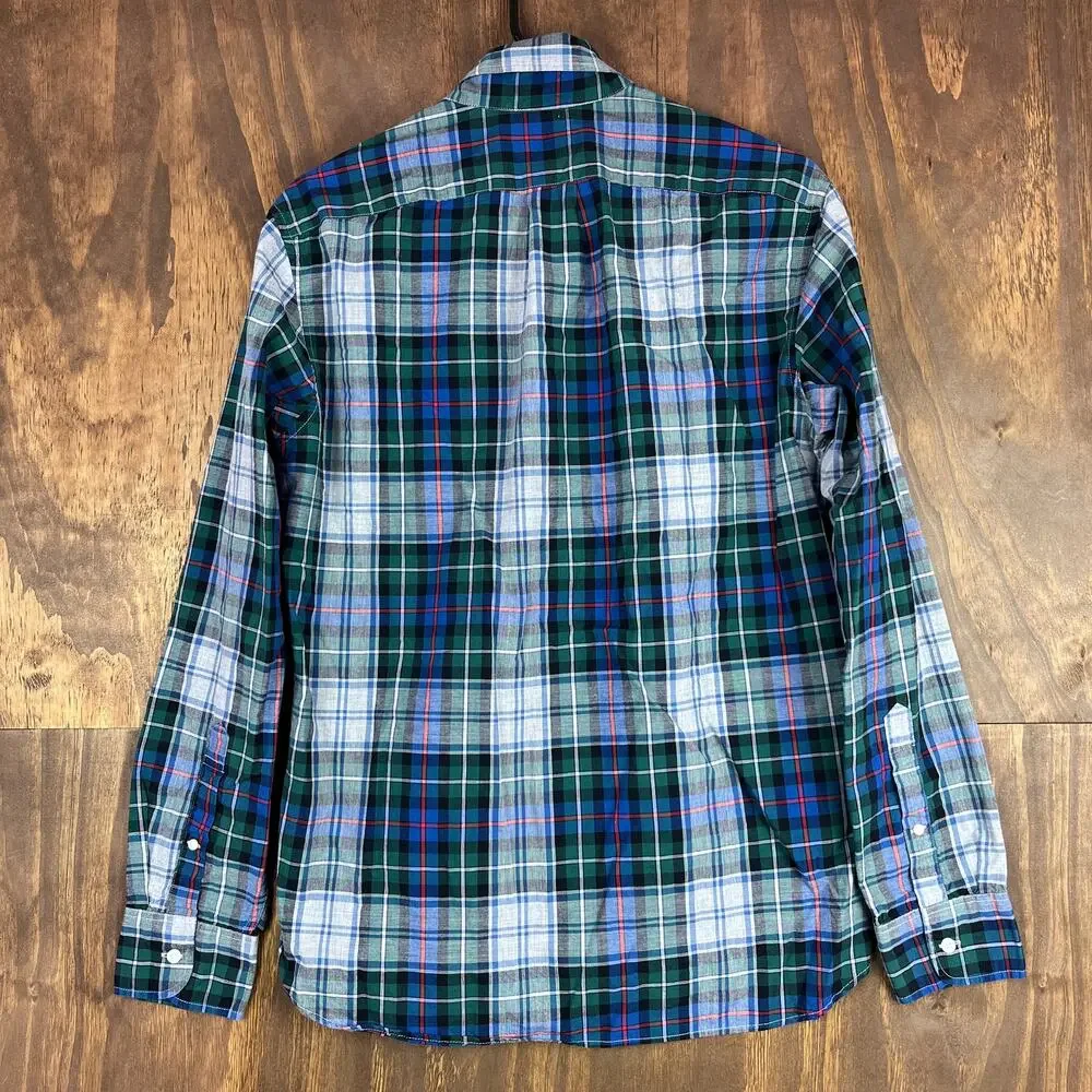 J Crew Mens Shirt Blue Green Gray Red Plaid Slim Fit Collared Button Down Medium